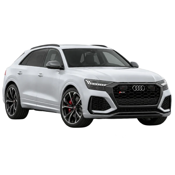 2024 Audi RS Q8 in Silber, Ansicht: Dreiviertelansicht vorne (nach links gerichtet)