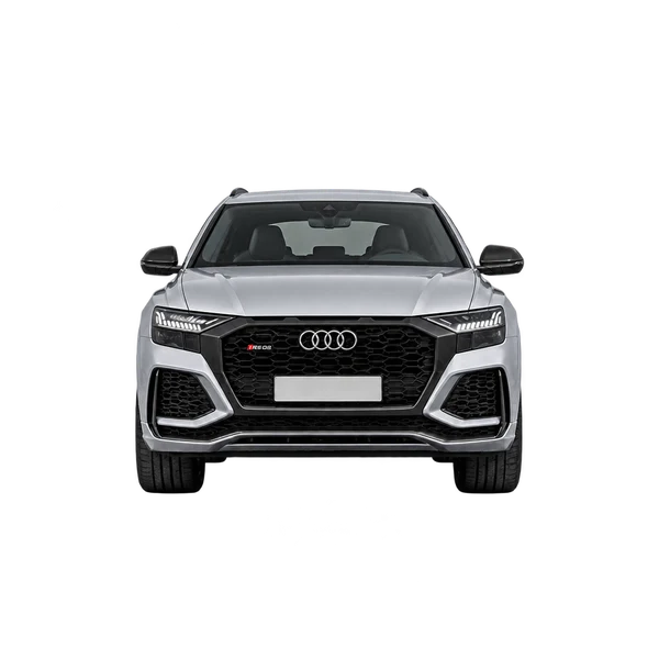 Audi RS Q8 2026 باللون فضي، منظر أمامي