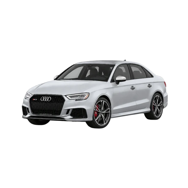 Audi RS3 Limousine 2017 باللون فضي، منظر منظر أمامي بزاوية ثلاثة أرباع (متجه لليسار)