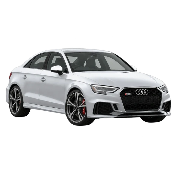 Audi RS3 2018 باللون فضي، منظر منظر أمامي بزاوية ثلاثة أرباع (متجه لليسار)