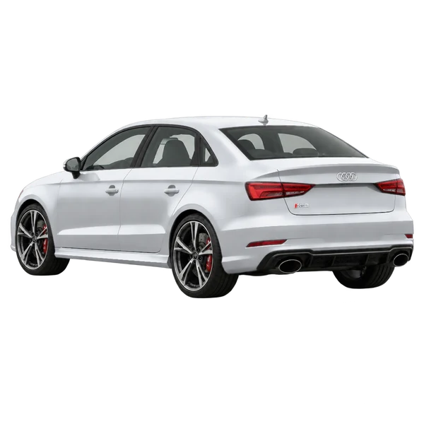 Audi RS3 2018 باللون فضي، منظر ثلاثة أرباع خلفي (باتجاه اليسار)