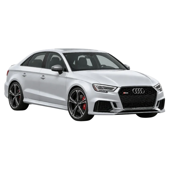 Audi RS3 2020 باللون فضي، منظر منظر أمامي بزاوية ثلاثة أرباع (متجه لليسار)