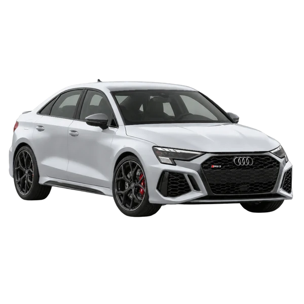 Audi RS3 2021 باللون فضي، منظر منظر أمامي بزاوية ثلاثة أرباع (متجه لليسار)
