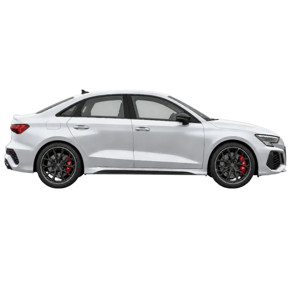 Audi RS3 2021 باللون فضي، منظر منظر جانبي (باتجاه اليمين)