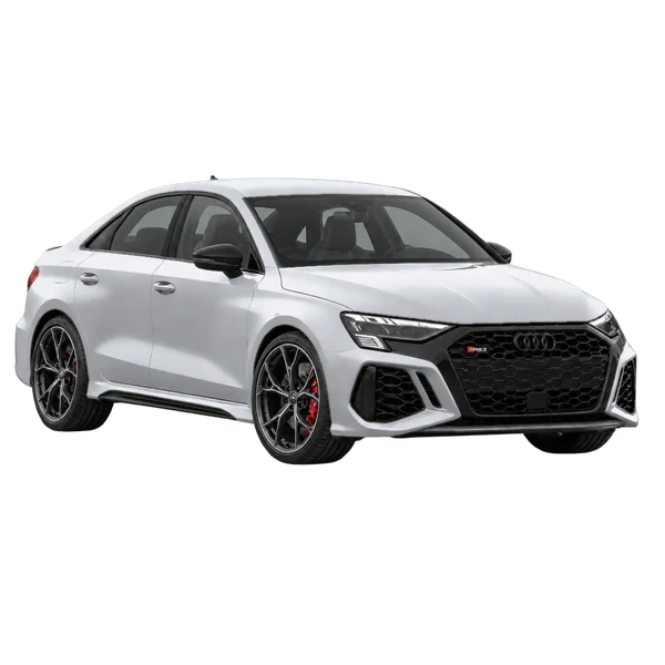 Audi RS3 2022 باللون فضي، منظر منظر أمامي بزاوية ثلاثة أرباع (متجه لليسار)
