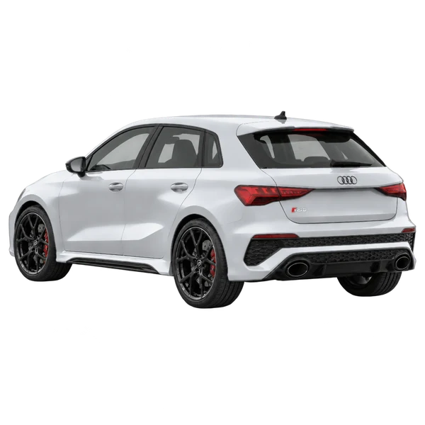Audi RS3 2023 باللون فضي، منظر ثلاثة أرباع خلفي (باتجاه اليسار)