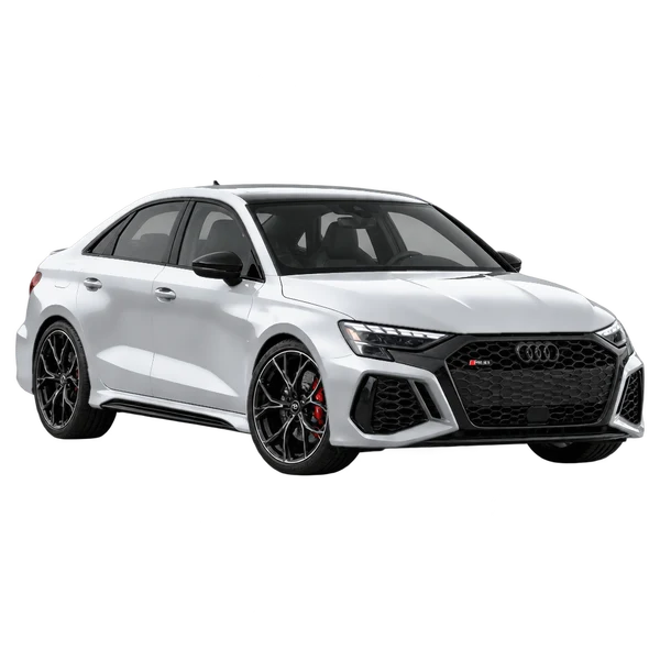 Audi RS3 2025 باللون فضي، منظر منظر أمامي بزاوية ثلاثة أرباع (متجه لليسار)