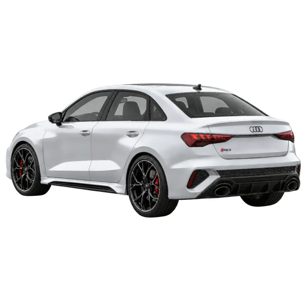 Audi RS3 2025 باللون فضي، منظر ثلاثة أرباع خلفي (باتجاه اليسار)