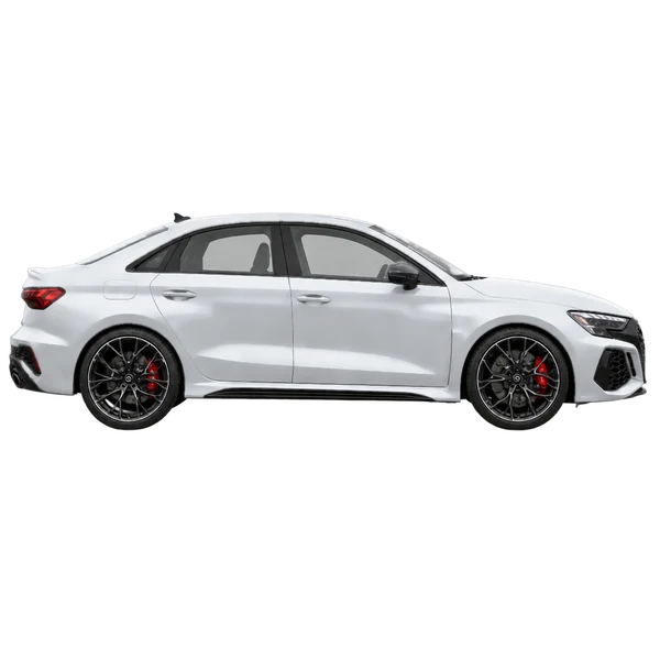 Audi RS3 2025 باللون فضي، منظر منظر جانبي (باتجاه اليمين)