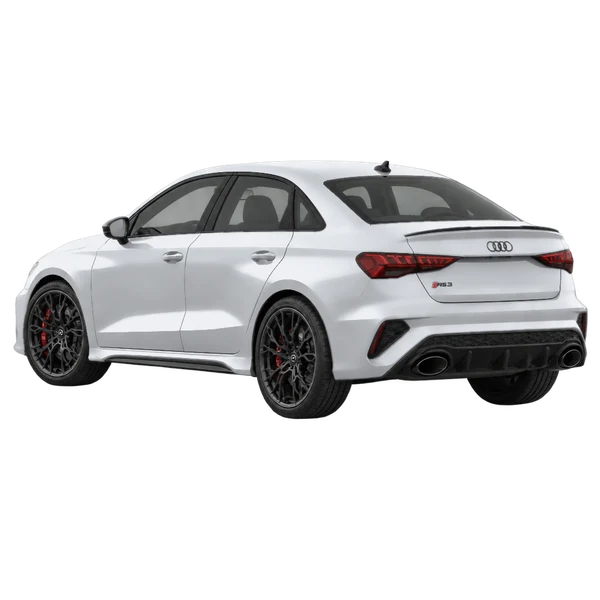 Audi RS3 2026 باللون فضي، منظر ثلاثة أرباع خلفي (باتجاه اليسار)