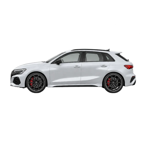 Audi RS3 2026 باللون فضي، منظر جانبي (متجه إلى اليسار)