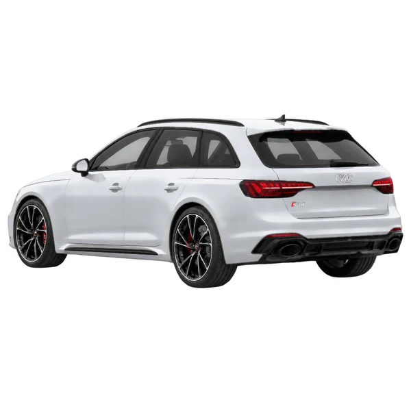 2022 Audi RS4 in Silber, Ansicht: Dreiviertelansicht von hinten (nach links gerichtet)