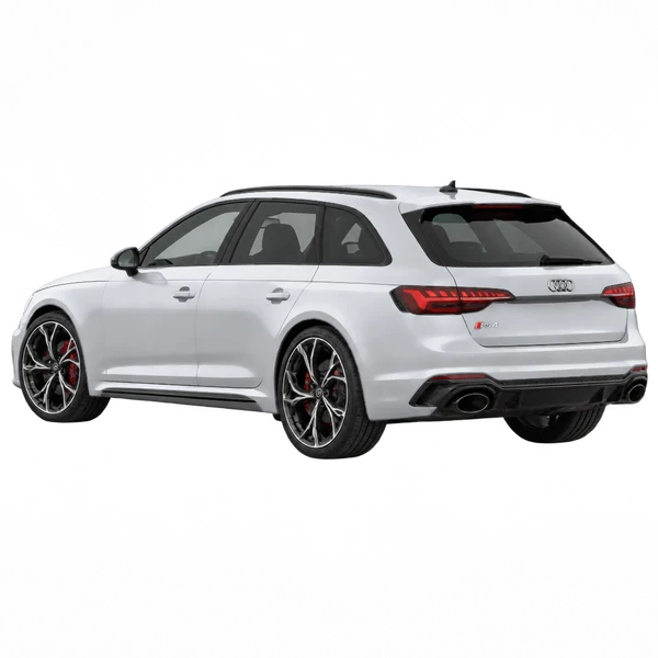 2023 Audi RS4 in Silber, Ansicht: Dreiviertelansicht von hinten (nach links gerichtet)