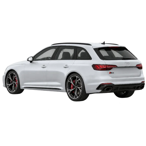 2024 Audi RS4 in Silber, Ansicht: Dreiviertelansicht von hinten (nach links gerichtet)