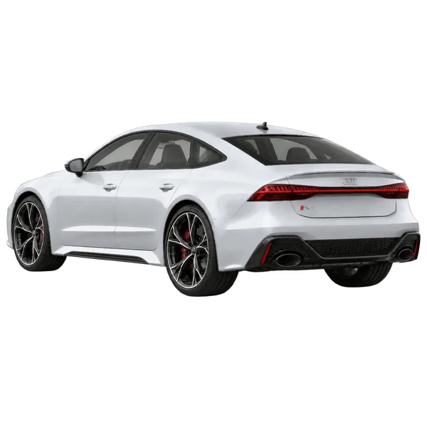 2023 Audi RS7 in Silber, Ansicht: Dreiviertelansicht von hinten (nach links gerichtet)