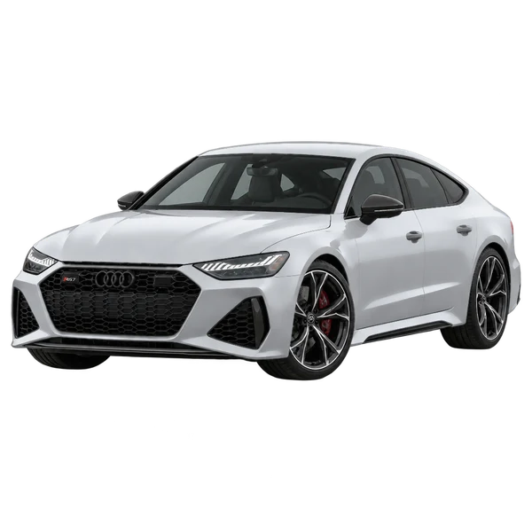 2024 Audi RS7 in Silber, Ansicht: Dreiviertelansicht vorne (nach links gerichtet)