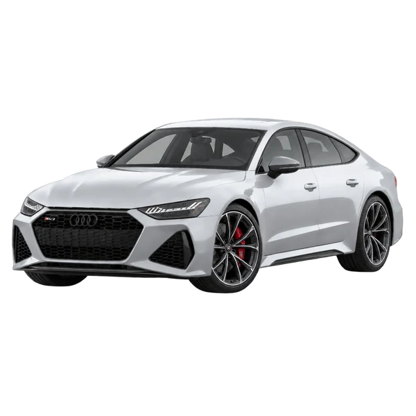 2025 Audi RS7 in Silber, Ansicht: Dreiviertelansicht vorne (nach links gerichtet)
