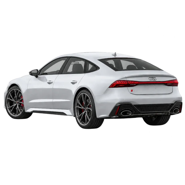 2025 Audi RS7 in Silber, Ansicht: Dreiviertelansicht von hinten (nach links gerichtet)