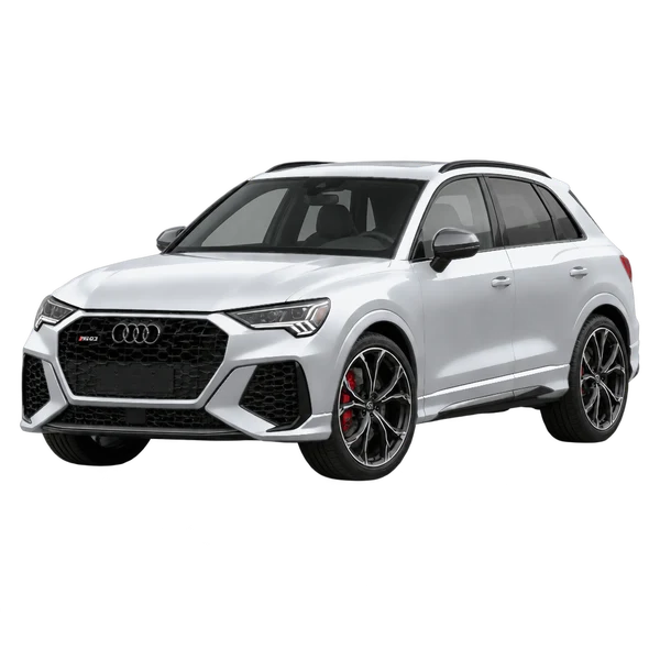 Audi RSQ3 2021 باللون فضي، منظر منظر أمامي بزاوية ثلاثة أرباع (متجه لليسار)