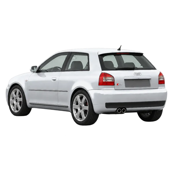 Audi S3 2001 باللون فضي، منظر ثلاثة أرباع خلفي (باتجاه اليسار)