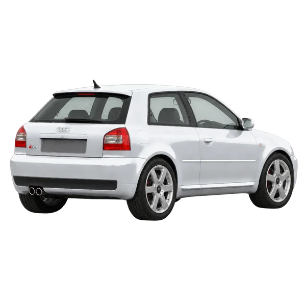 Audi S3 2001 باللون فضي، منظر منظر خلفي بزاوية ثلاثة أرباع (باتجاه اليمين)