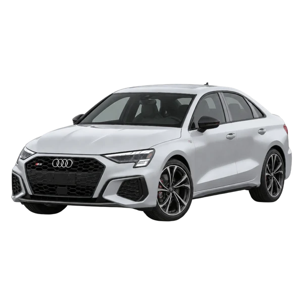 Audi S3 2021 باللون فضي، منظر منظر أمامي بزاوية ثلاثة أرباع (متجه لليسار)