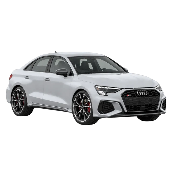 Audi S3 2022 باللون فضي، منظر زاوية ثلاثة أرباع أمامية (باتجاه اليمين)
