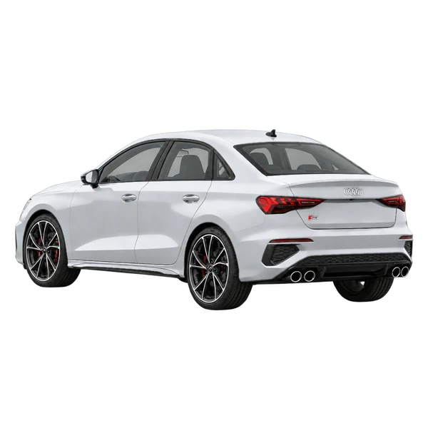 Audi S3 2022 باللون فضي، منظر ثلاثة أرباع خلفي (باتجاه اليسار)