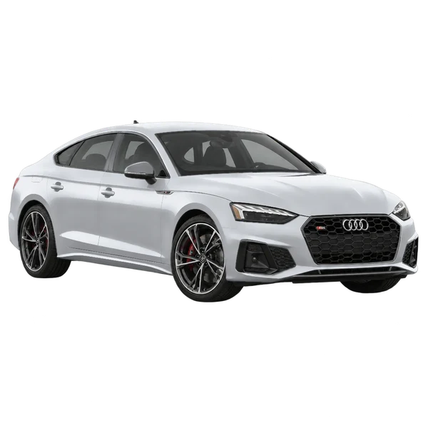 Audi S5 2026 باللون فضي، منظر منظر أمامي بزاوية ثلاثة أرباع (متجه لليسار)