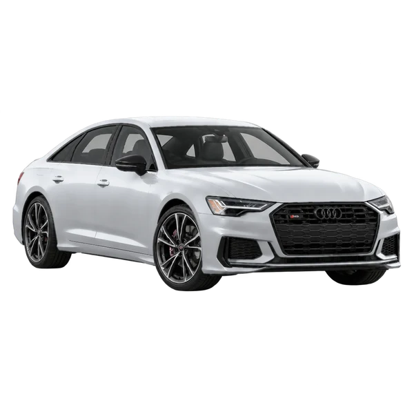 Audi S6 2025 باللون فضي، منظر منظر أمامي بزاوية ثلاثة أرباع (متجه لليسار)
