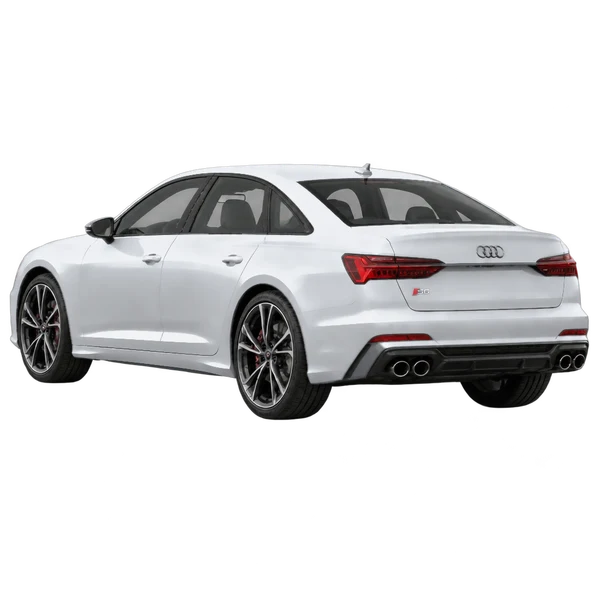 Audi S6 2025 باللون فضي، منظر ثلاثة أرباع خلفي (باتجاه اليسار)