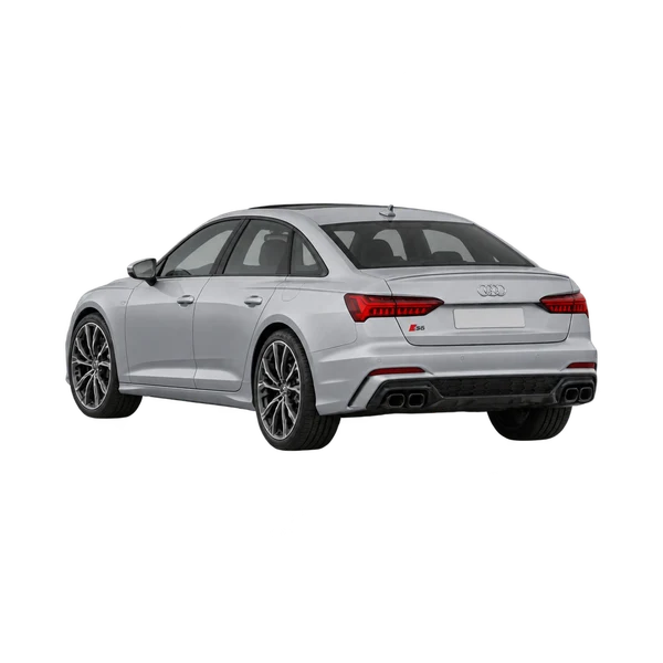 Audi S6 2027 باللون فضي، منظر ثلاثة أرباع خلفي (باتجاه اليسار)