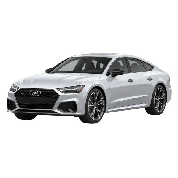 Audi S7 2024 باللون فضي، منظر منظر أمامي بزاوية ثلاثة أرباع (متجه لليسار)