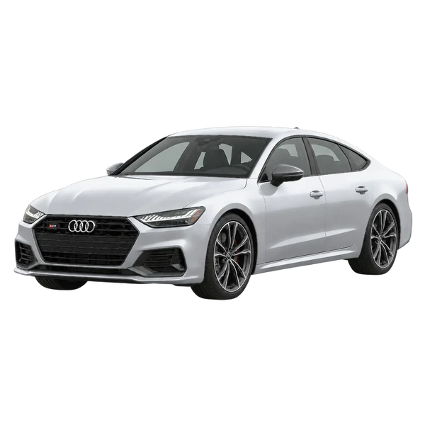 Audi S7 2026 باللون فضي، منظر منظر أمامي بزاوية ثلاثة أرباع (متجه لليسار)