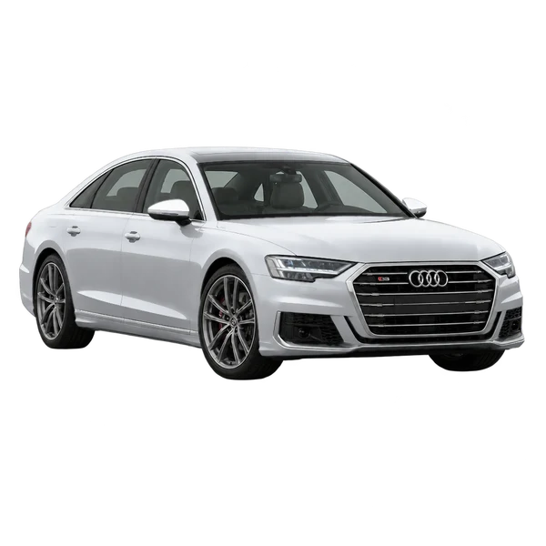 シルバーの2019 Audi S8(フロントスリークォーター(左向き)ビュー)