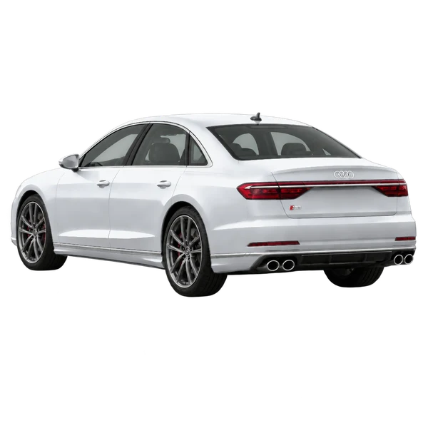シルバーの2019 Audi S8(リア斜め(左向き)ビュー)