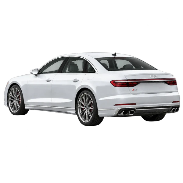 Audi S8 2024 prata, vista três quartos traseira (voltada para a esquerda)