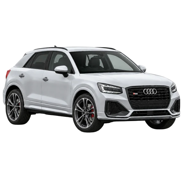 Audi SQ2 2020 باللون فضي، منظر منظر أمامي بزاوية ثلاثة أرباع (متجه لليسار)
