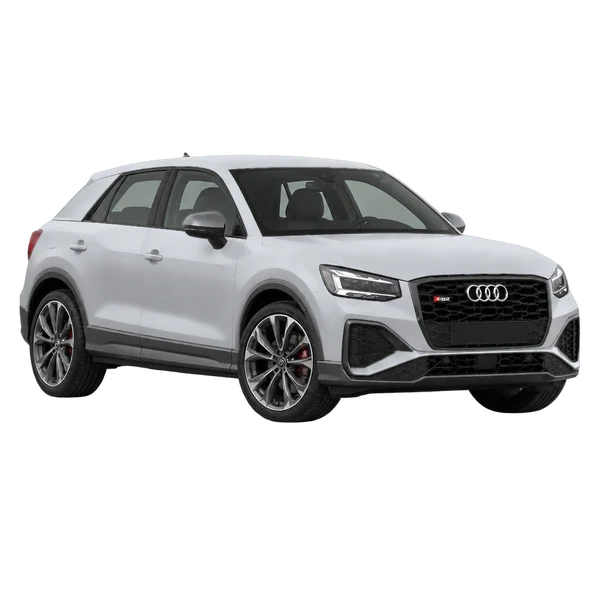 Audi SQ2 2021 باللون فضي، منظر منظر أمامي بزاوية ثلاثة أرباع (متجه لليسار)