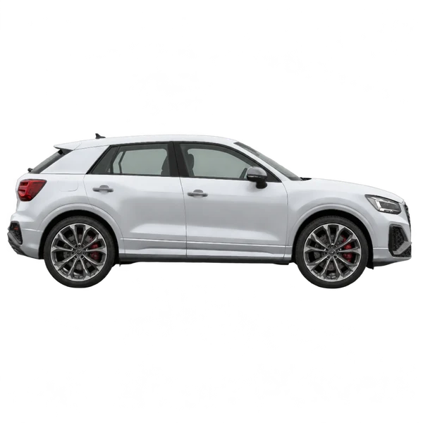 Audi SQ2 2021 باللون فضي، منظر منظر جانبي (باتجاه اليمين)