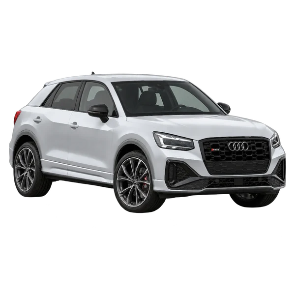 Audi SQ2 2022 باللون فضي، منظر منظر أمامي بزاوية ثلاثة أرباع (متجه لليسار)