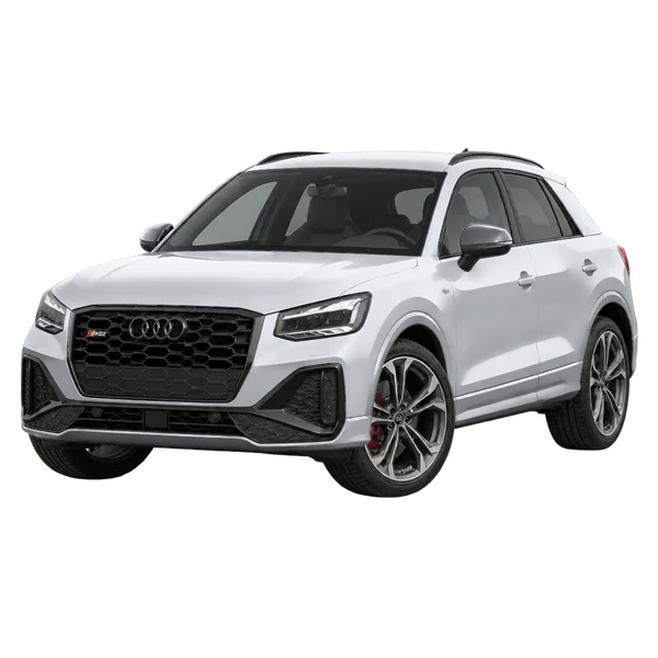 Audi SQ2 2023 باللون فضي، منظر منظر أمامي بزاوية ثلاثة أرباع (متجه لليسار)