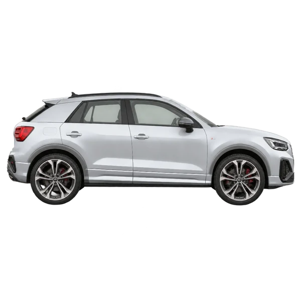Audi SQ2 2023 باللون فضي، منظر منظر جانبي (باتجاه اليمين)