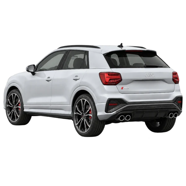 Audi SQ2 2024 باللون فضي، منظر ثلاثة أرباع خلفي (باتجاه اليسار)