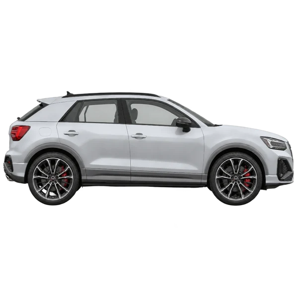 Audi SQ2 2024 باللون فضي، منظر منظر جانبي (باتجاه اليمين)