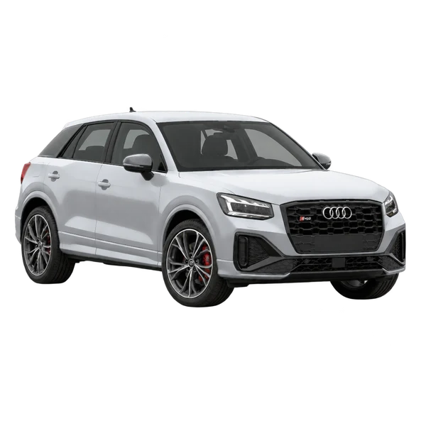Audi SQ2 2025 باللون فضي، منظر منظر أمامي بزاوية ثلاثة أرباع (متجه لليسار)