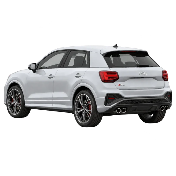 Audi SQ2 2025 باللون فضي، منظر ثلاثة أرباع خلفي (باتجاه اليسار)