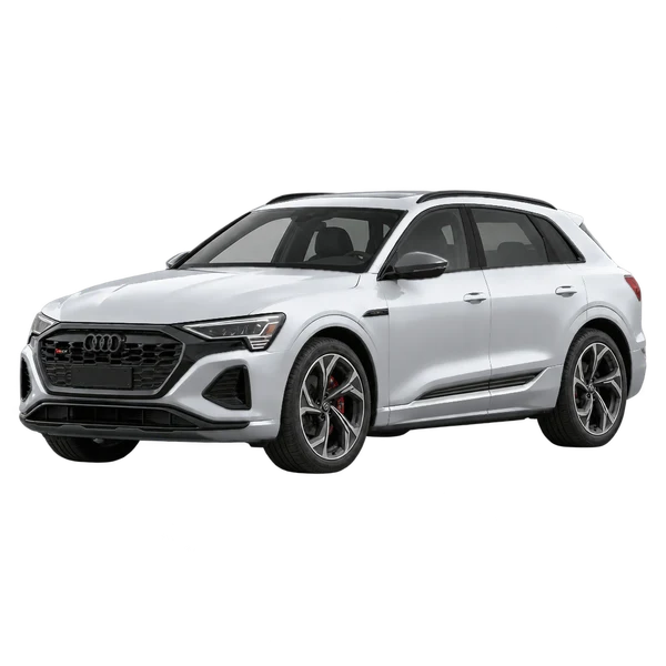 Audi SQ8 E-Tron 2025 prata, vista dianteira em três quartos (voltada para a esquerda)