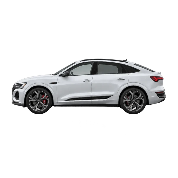 Audi SQ8 Sportback E-Tron 2024 باللون فضي، منظر جانبي (متجه إلى اليسار)