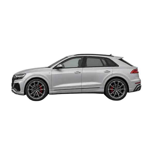Audi SQ8 2023 باللون فضي، منظر جانبي (متجه إلى اليسار)